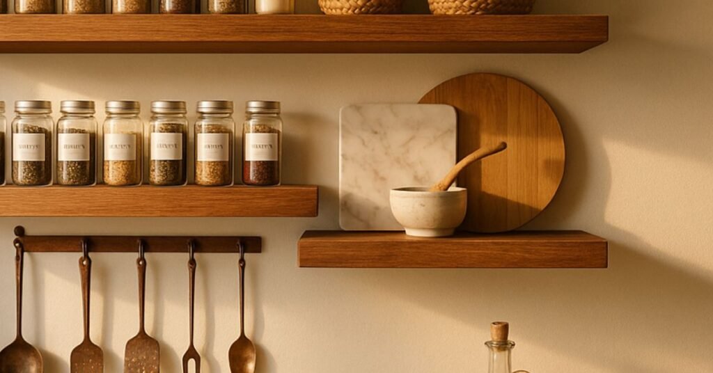 How can I utilize kitchen shelves for better organization